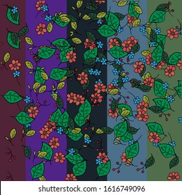 A large cluster of plants in the form of leaves and twigs with berries. Among the objects there are flowers.
