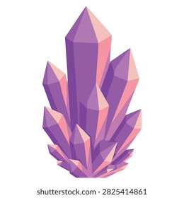 Large cluster of purple bright shiny uncut sharp crystals with uneven edges. Cartoon flat vector illustration isolated on white background.