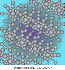A large cluster of small circles forming molecular structures. Behind the objects there is a blue background.