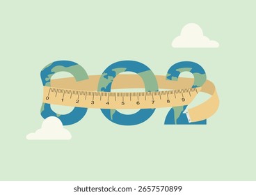 Large CO2 text with earth globe pattern measured by ruler. Global carbon dioxide emission tracking and climate impact assessment. Carbon footprint. Carbon neutral concept. Vector illustration