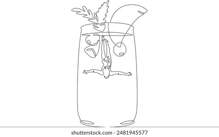 Large cocktail glass with fruit drink and straw. Girl diving in glass with alcoholic cocktail. Woman swimming.One continuous line. Line art. Minimum one line. White background. One line drawing.