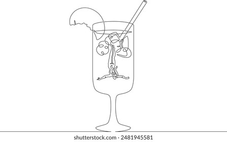 Large cocktail glass with fruit drink and straw. Girl diving in glass with alcoholic cocktail. Woman swimming.One continuous line. Line art. Minimum one line. White background. One line drawing.