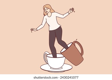 Large coffee cups on legs of girl experiencing discomfort due to caffeine addiction. Young girl laughs and moves legs with difficulty, with glasses of coffee allowing to get extra energy