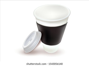 A large Coffee to go. Realistic Paper Cup with coffee, plastic lid.Fast food in a disposable Cup.Vector illustration. 