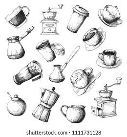 Large coffee set. Sketch the different cups of coffee, coffee pots and other items.