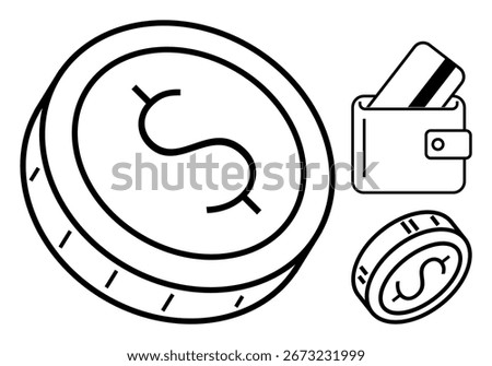 Large coin with dollar sign, smaller coin, and wallet containing credit card. Ideal for financial concepts, banking, savings, payments, currency digital transactions and e-commerce. Line metaphor