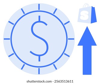 Large coin with dollar symbol, blue shopping bag, and blue upward arrow. Ideal for economic growth, e-commerce, online shopping, revenue increase, business development. Simple vector style with