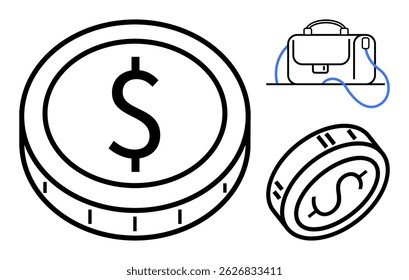 Large coin featuring dollar symbol, smaller coin, and briefcase with handle. Ideal for financial planning, business investments, corporate finance, banking services, money management, economic