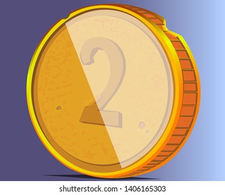 A large coin in a vertical position, reflecting sunlight. There is a number two on the money metal sign. The object has chipped along the edges.