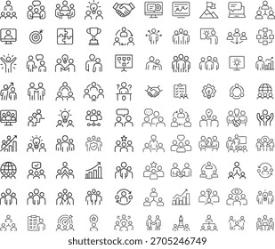 Large collection of 100 team and collaboration line icons isolated on white background for business concepts