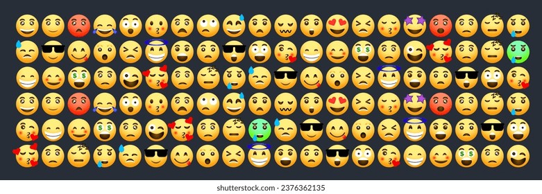 A large collection of 120 emoticon icons with various expression styles. A collection of cartoon emojis suitable for social media needs. A collection of vector emoticons on a dark background