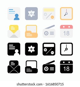 Large collection of 16 pc. Wab icon. contacts, calculator, settings, hours, messages, storage, radio, calendar, file manager. Vector illustration of EPS10