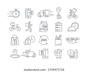 Large collection of 20 different food delivery icons in black and white line drawn vectors showing vans, cyclists, deliverymen, shopping cart and online ordering in black and white line drawings