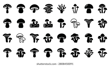 Large collection of 32 black mushroom silhouette icons including agaric, porcini, chanterelle, and oyster varieties isolated on white background for graphic design and nature projects.
