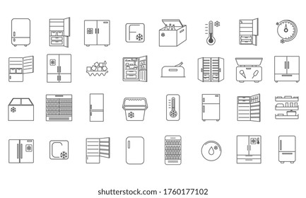 Large collection of 32 refrigerator icons showing different designs of fridge, cooler box and thermometers in black and white vector line drawings