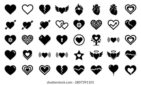Large collection of 40 black heart icons and symbols featuring anatomical hearts, broken hearts, winged designs, Cupid arrows, and floral patterns isolated on white background.