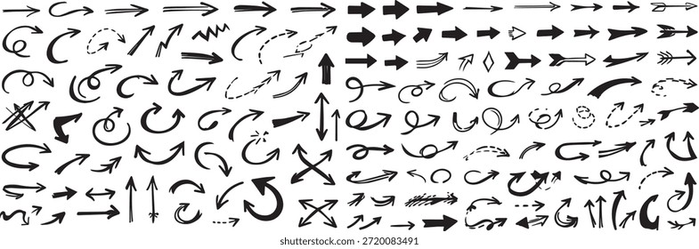 Grande coleção de 40 rabiscos de seta desenhada à mão em tinta preta, apresentando reta, curva, espiral, ziguezague, tracejado, looping e setas direcionais. Estilo de caneta de marcador com traços imperfeitos e espessura de linha variada. Arte de linha vetorial plana minimalista isolada em um fundo branco limpo. Ideal para infográficos, apresentações, design de interface do usuário, mídias sociais, anotações e projetos criativos.