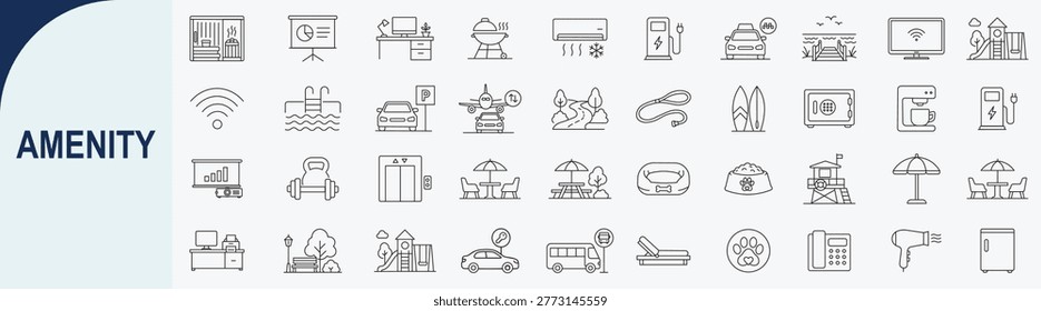 Large Collection of 40 Outline Amenity and Hotel Service Icons for Real Estate and Hospitality Design