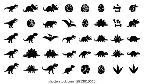 Large collection of 40 prehistoric dinosaur and fossil icons featuring Tyrannosaurus Rex, Stegosaurus, Triceratops, Pterodactyl, eggs, footprints, and bones as black silhouettes on white.