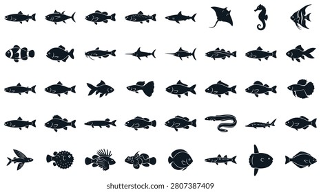 Large collection of 45 black fish silhouettes on white, featuring various marine and freshwater species including shark, tuna, ray, seahorse, eel, pufferfish, and swordfish for graphic design.
