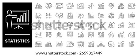 Large collection of 50 linear icons visualizing data analytics and statistics. Includes charts, diagrams, and performance metrics.