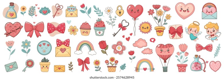 A large collection of 54 love-themed stickers featuring cute and happy Valentine's Day elements such as hearts, flowers, Cupid, rainbows, love letters, love potions, and more. Vector graphics