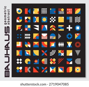 Large collection of abstract geometric icons and elements in primary colors, inspired by the classic modular style of the Bauhaus school of design.