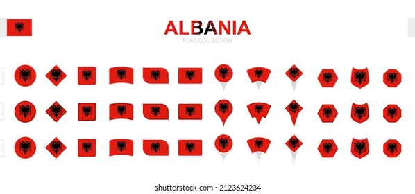 Large collection of Albania flags of various shapes and effects. Big set of vector flag.