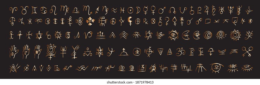 Large collection of alchemical, astrological and esoteric signs drawn in gold and isolated on a black background. Symbols of zodiac signs, planets, asteroids.  Vector icons in Doodle style.