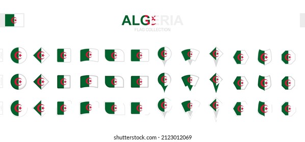 Large collection of Algeria flags of various shapes and effects. Big set of vector flag.