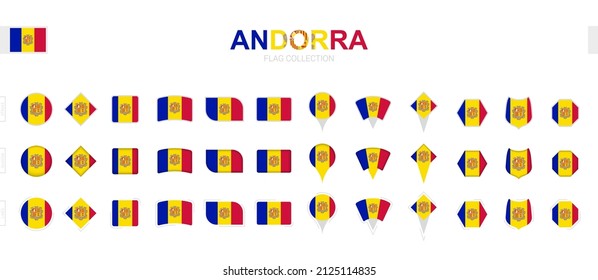 Large collection of Andorra flags of various shapes and effects. Big set of vector flag.