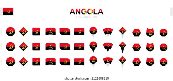Large collection of Angola flags of various shapes and effects. Big set of vector flag.