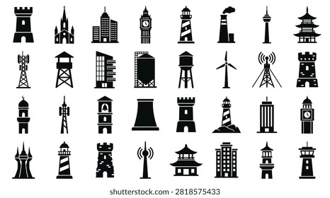 Large collection of architectural building and tower silhouettes featuring skyscrapers, lighthouses, churches, pagodas, clock towers, industrial chimneys, and telecommunication antennas.