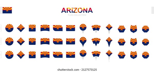 Large collection of Arizona flags of various shapes and effects. Big set of vector flag.