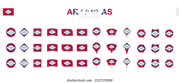 Large collection of Arkansas flags of various shapes and effects. Big set of vector flag.