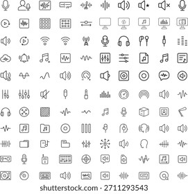 Large collection of audio and sound vector line icons for web and graphic design UI or UX Kit
