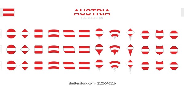 Large collection of Austria flags of various shapes and effects. Big set of vector flag.
