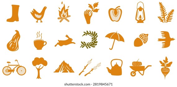 Large collection of autumn vector elements including rain boots, duck, goose, campfire, bell pepper, kerosene lantern, fern, pumpkin, mug, rabbit, autumn leaves, umbrella, acorn, bird, bicycle, tree, mountains, marshmallow on a stick, kettle, garden wheelbarrow, beetroot, and other cozy seasonal illustrations