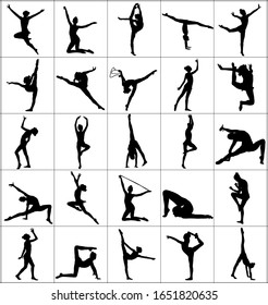 Large collection of ballet girl vector silhouette figure performance isolated on white background. Gymnastic woman. Rhythmic Gymnastics lady vector. Ballet dancer. Athlete woman in gym exercise.