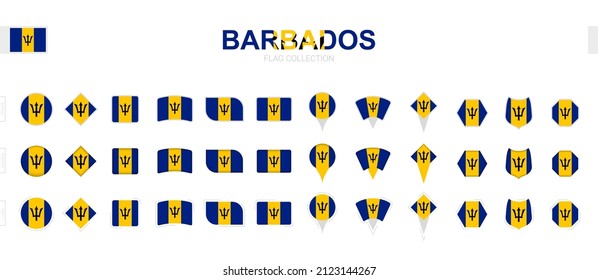 Large collection of Barbados flags of various shapes and effects. Big set of vector flag.