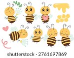 A large collection of bee characters engaged in various activities, from collecting honey to holding hearts and flowers. The set includes standalone elements like honeycombs, flowers, and jars to help build a custom garden scene. These friendly insects are perfect for educational materials, stickers, or brand mascots.