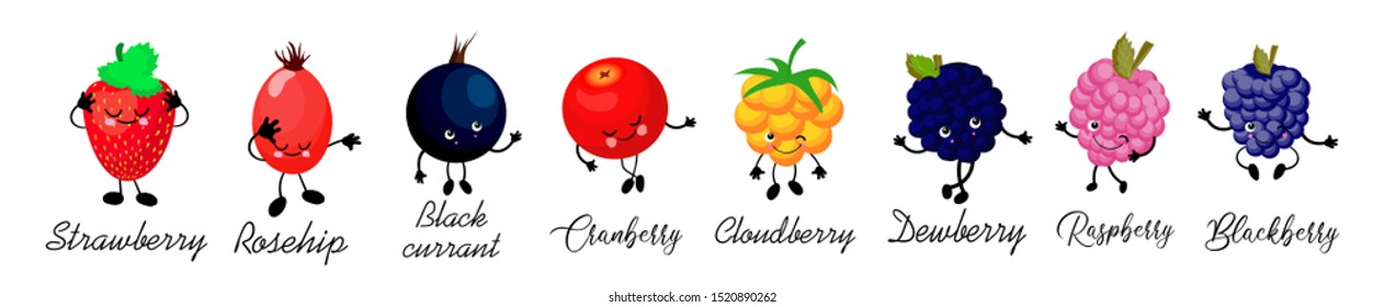 Large collection
 berries. berry character with eyes. White background. Healthy food. Card for children learning.