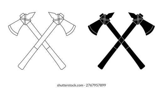 Large collection of black axe silhouettes including wood hatchets tomahawks and lumberjack tools for carpentry outdoor camping and woodcutting design projects isolated on white