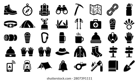 Large collection of black camping and hiking gear icons featuring equipment like a tent, backpack, compass, boots, and trekking tools isolated on a white background for outdoor adventure design.