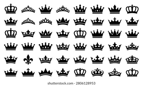 Large collection of black crown silhouettes including royal tiaras and coronets for monarchic branding, king and queen icons isolated on a white background in a grid layout.