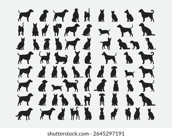 Large collection of black dog and cat silhouettes arranged in grid on white background