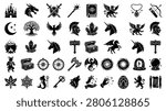 Large collection of black fantasy game icons including dragon, knight helmet, sword, shield, treasure chest, unicorn, magic staff, and mythical creatures isolated on white background.