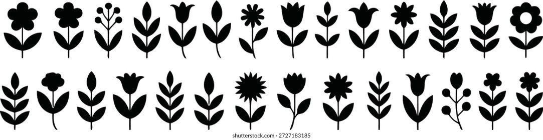 Una Grande colección de siluetas de hojas y flores negras, perfecta para temas botánicos, diseños de primavera o Elementos decorativos.