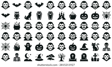 Large collection of black Halloween vector icons featuring vampire faces, bats, jack-o'-lanterns, cauldrons, spiders, gravestones, and skeletons isolated on white background.