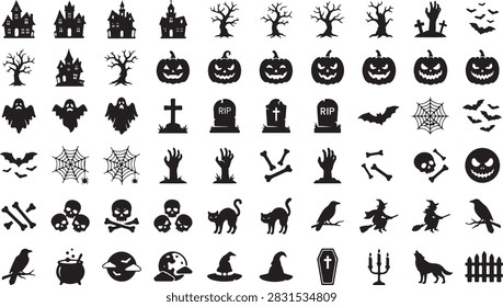 Large collection of black Halloween vector icons featuring haunted houses jack o lantern pumpkins ghosts gravestones dead trees bats skulls crossbones witches and zombie hands isolated on plain white background for spooky holiday seasonal graphic concept